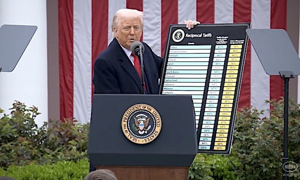 President Donald Trump reveals a reciprocal tariffs chart at the White House on 'Liberation Day,' Monday, April 2, 2025 (Video screenshot)