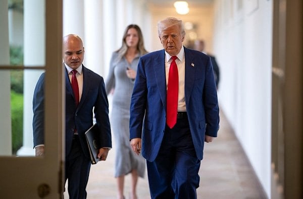 President Donald Trump walks on his way to deliver remarks at an event celebrating the 2024 World Series Champion Los Angeles Dodgers, Monday, April 7, 2025, in the East Room of the White House. (Official White House Photo by Daniel Torok)