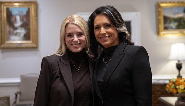 U.S. Attorney General Pam Bondi, left, after swearing in Tulsi Gabbard as director of National Intelligence at the White House, Wednesday, Feb. 12, 2025. (Official White House photo by Molly Riley)