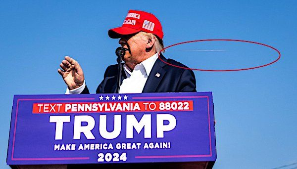 A bullet is caught on camera near President Donald Trump's head in Butler, Pennsylvania, on Saturday, July 13, 2024. (Courtesy Doug Mills / New York Times)