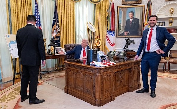 President Donald Trump and Vice President JD Vance celebrate the 2024 College Football National Champion Ohio State University Buckeyes in the Oval Office, Monday, April 14, 2025 (Official White House photo)