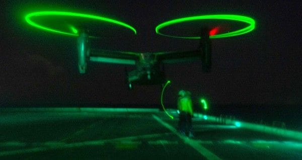 A CV-22 Osprey conducts flight operations aboard the USS Green Bay in the Gulf of Thailand, March 4, 2020, to support Cobra Gold. The multinational exercise is designed to advance regional security and ensure effective responses to regional crises. (U.S. Navy photo by Mass Communication Specialist 3rd Class Maria G. Llanos)