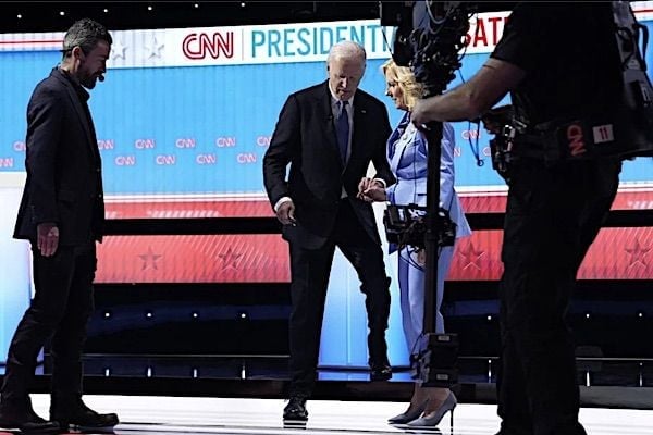 Jill Biden helps Joe Biden off the stage after the first presidential debate in Atlanta on Thursday, June 27, 2024. (Gateway Pundit)