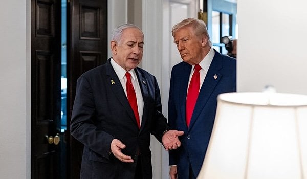 President Donald Trump listens to Israeli Prime Minister Benjamin Netanyahu at the White House on Monday, April 7, 2025 (Official White House photo)