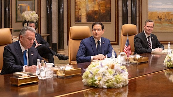 U.S. Secretary of State Marco Rubio, with from left, U.S. Middle East envoy Steve Witkoff and National Security Adviser Mike Waltz, attend a meeting together at Diriyah Palace in Riyadh, Saudi Arabia, Feb. 18, 2025. (Official State Department photo by Freddie Everett)