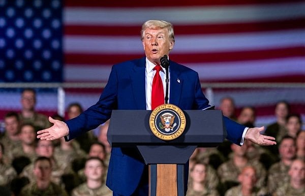 President Donald Trump greets base leadership and speaks at Selfridge Air National Guard Base in Harrison Township, Michigan, Tuesday, April 29, 2025. (Official White House photo)