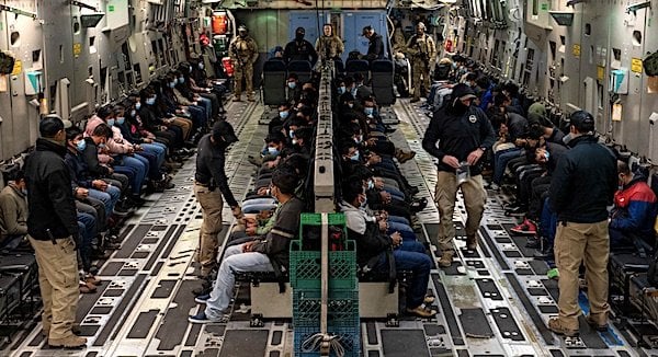 Illegal aliens await takeoff for a removal flight at the Tucson International Airport, Arizona, Thursday, Jan. 23, 2025. (Dept. of Defense photo by Senior Airman Devlin Bishop)