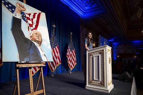 U.S. Department of Homeland Security Secretary Kristi Noem speaks at the American Patriots Gala at Mar-a-Lago Club in Palm Beach, Florida, Thursday, April 3, 2025. (DHS photo by Tia Dufour)