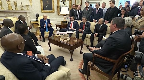 President Donald Trump talks with South African President Cyril Ramaphosa in the Oval Office on Wednesday, May 21, 2025 (Video screenshot)