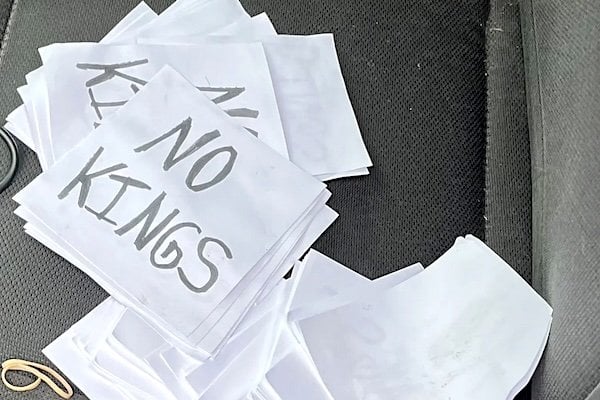 'No Kings' flyers inside the car of Minnesota shooting suspect Vance Boelter (Minnesota State Police)