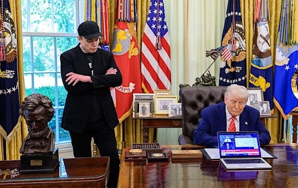 President Donald Trump participates in a press conference with departing DOGE adviser Elon Musk, Friday, May 30, 2025, in the Oval Office. (Official White House photo by Molly Riley)