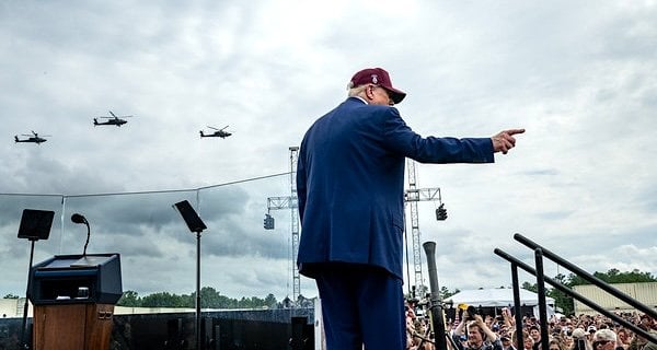 Military helicopters fly by as President Donald Trump begins his remarks at Fort Bragg, North Carolina on Tuesday, June 10, 2025, during a visit to commemorate the 250th anniversary of the U.S. Army. (Official White House photo by Daniel Torok)