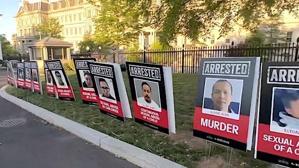Mugshots of the worst criminal illegal aliens arrested line the White House lawn on Monday, April 28, 2025 (White House / Karoline Leavitt)