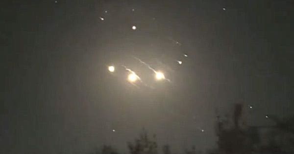 Iranian missiles and drones get intercepted during an attack against Israel on Saturday, April 13, 2024. (Video screenshot)