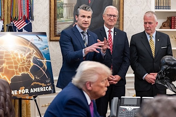 U.S. Defense Secretary Pete Hegseth speaks as President Donald Trump announces the Golden Dome missile defense system, Tuesday, May 20, 2025, in the Oval Office. (Official White House photo by Joyce N. Boghosian)