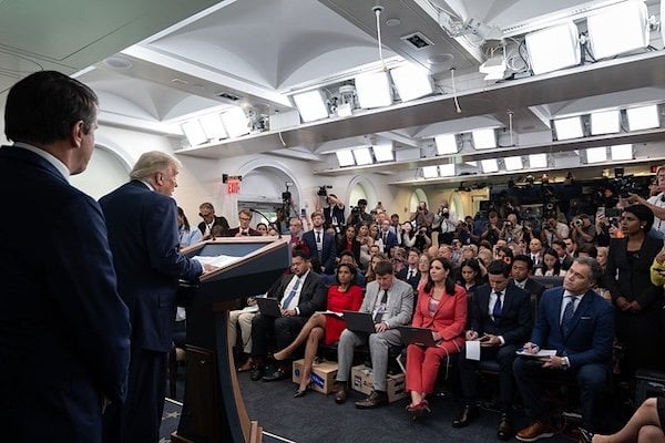President Donald Trump holds a press conference with U.S. Attorney General Pam Bondi and Deputy Attorney General Todd Blanche in the James S. Brady Press Briefing Room on Friday, June 27, 2025. (Official White House photo by Molly Riley)