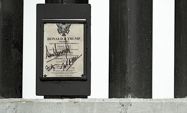 President Donald J. Trump's signature is seen on a plaque on the border wall Tuesday, Jan. 12, 2021, at the Texas-Mexico border near Alamo, Texas. (Official White House photo by Shealah Craighead)