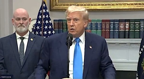 President Donald Trump urges an investigation of Nancy Pelosi for insider trading on Wednesday, July 30, 2025 (Video screenshot)