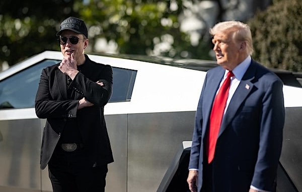 DOGE leader Elon Musk and President Donald J. Trump stand in front of a Tesla Cybertruck at the White House on Tuesday, March 11, 2025 (Official White House photo)