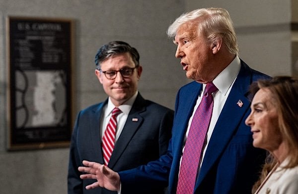 President Donald Trump and Speaker of the House Mike Johnson speak to members of the media at the U.S. Capitol in Washington, D.C., Tuesday, May 20, 2025, before meeting with the House GOP Conference about passing his budget bill. (Official White House photo by Molly Riley)