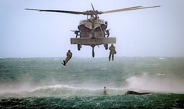 U.S. Army and South Korean special operations service members conduct helocast operations during Rim of the Pacific 2022, the world's largest international maritime exercise, in Hawaii. (U.S. Department of Defense photo)