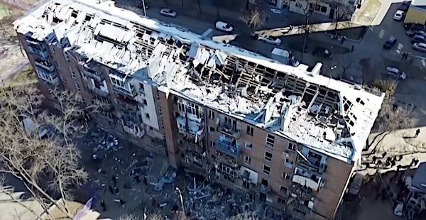 A building in Kiev, Ukraine, is destroyed during the Russian invasion of Ukraine in March 2022. (Video screenshot)