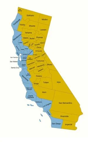 Map of California, with gold representing the 35 counties forming a new state, with blue representing the counties along the coast that would stay California.