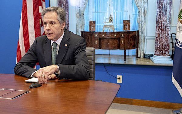 Secretary of State Antony J. Blinken participates in a virtual roundtable with local media from the U.S. Department of State in Washington, D.C., on March 17, 2022. [U.S. State Department photo by Freddie Everett)