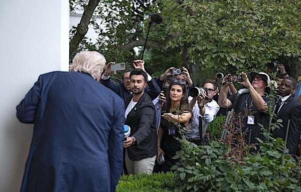 President Donald Trump speaks to the press after disembarking Marine One on the South Lawn of the White House, Tuesday, July 29, 2025, after a trip to Scotland. (Official White House photo by Molly Riley)