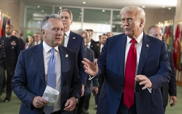 President Donald Trump walks out with Steve Witkoff after taking part in bilateral meetings at the United Nations Headquarters in New York City, Tuesday, Sept. 23, 2025. (Official White House photo by Daniel Torok)