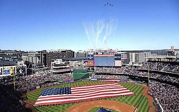 D.C. Air National Guardsmen piloting F-16s perform a flyover above Nationals Park, Washington, during pregame ceremonies for opening day, Friday, March 28, 2025. (U.S. Air Force photo by Senior Master Sgt. Craig Clapper, National Guard)