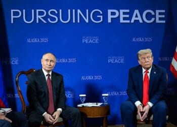 President Donald Trump meets with Russian President Vladimir Putin in the Billy Mitchell Room at Joint Base Elmendorf Richardson in Anchorage, Alaska, Friday, Aug. 15, 2025. (Official White House photo by Daniel Torok)