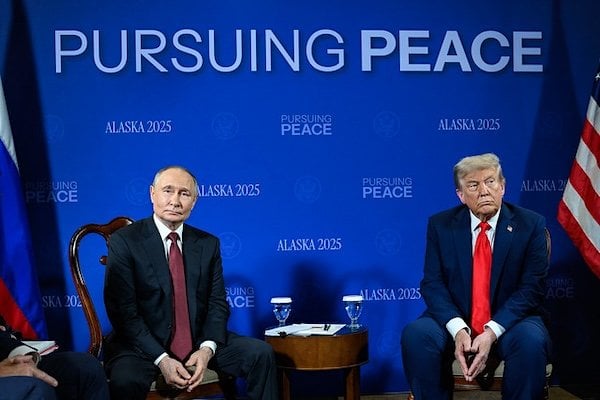 President Donald Trump meets with Russian President Vladimir Putin in the Billy Mitchell Room at Joint Base Elmendorf Richardson in Anchorage, Alaska, Friday, Aug. 15, 2025. (Official White House photo by Daniel Torok)