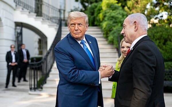 President Donald Trump greets Israeli Prime Minister Benjamin Netanyahu and his wife, Monday, July 7, 2025, at the South Portico of the White House.(Official White House photo by Daniel Torok)
