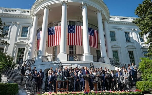 President Donald Trump, coach Nick Sirianni and Philadelphia Eagles offensive tackle Lane Johnson arrive to the South Lawn, Monday, April 28, 2025, for an event celebrating the team