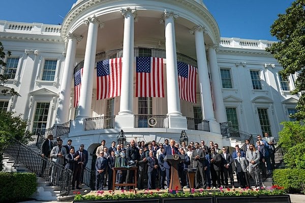 President Donald Trump, coach Nick Sirianni and Philadelphia Eagles offensive tackle Lane Johnson arrive to the South Lawn, Monday, April 28, 2025, for an event celebrating the team's 2025 Super Bowl Championship.(Official White House photo by Joyce N. Boghosian)