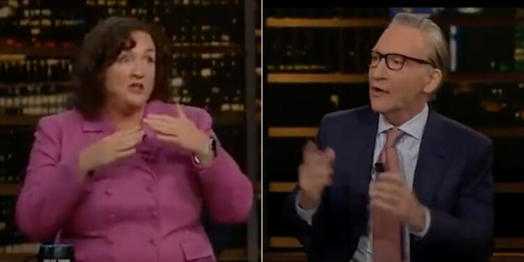 Bill Maher, right, took Rep. Katie Porter, left, to task during Friday's episode of "Real Time" after Porter referred to Maher and Piers Morgan as "old and grumpy."