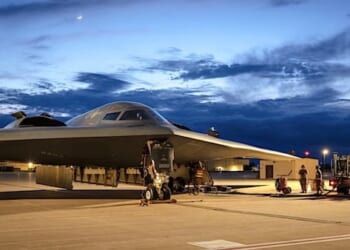 Airmen refuel a B-2 Spirit at Whiteman Air Force Base, Missouri, May 28, 2025. (U.S. Air Force photo by Staff Sgt. Joshua Hastings)