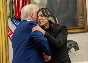 President Donald J. Trump congratulates Tulsi Gabbard after she was sworn in as the director of National Intelligence in the Oval Office of the White House, Wednesday, Feb. 12, 2025. (Official White House photo by Daniel Torok)