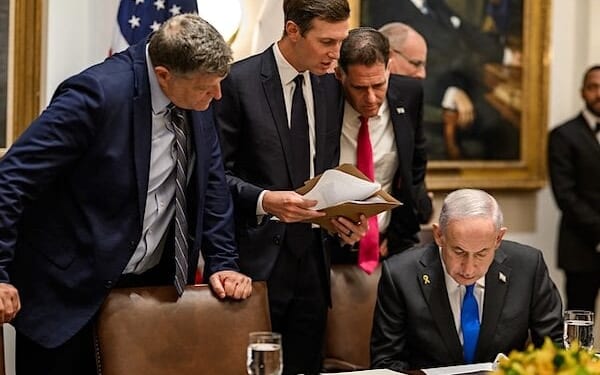 Israeli Prime Minister Benjamin Netanyahu reviews the U.S. peace plan for Gaza with Jared Kushner, Israeli Minister of Strategic Affairs Ron Dermer, and others during a bilateral luncheon with President Donald Trump, Monday, Sept. 29, 2025, in the Cabinet Room. (Official White House photo by Daniel Torok)