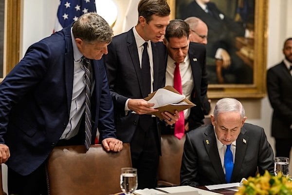 Israeli Prime Minister Benjamin Netanyahu reviews the U.S. peace plan for Gaza with Jared Kushner, Israeli Minister of Strategic Affairs Ron Dermer, and others during a bilateral luncheon with President Donald Trump, Monday, Sept. 29, 2025, in the Cabinet Room. (Official White House photo by Daniel Torok)