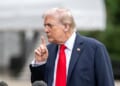 President Donald Trump departs the White House and gaggles with the press on the South Lawn before boarding HMX-1 to begin traveling to the United Kingdom on Tuesday, Sept. 15, 2025. (Official White House photo by Harrison Koeppel)