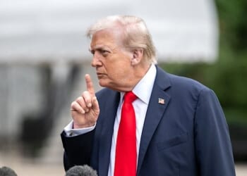 President Donald Trump departs the White House and gaggles with the press on the South Lawn before boarding HMX-1 to begin traveling to the United Kingdom on Tuesday, Sept. 15, 2025. (Official White House photo by Harrison Koeppel)