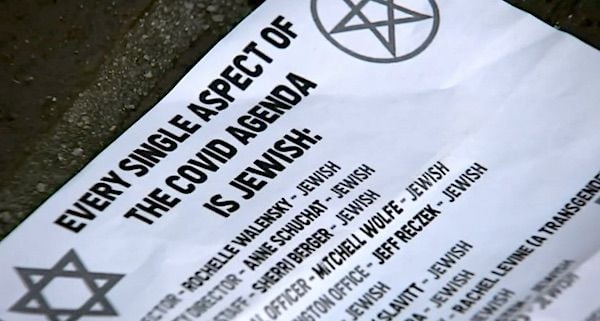 Anti-semitic flyers blaming Jews for the 'COVID agenda' were found in San Francisco in January 2022. (Video screenshot)