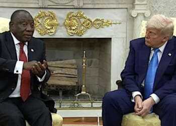 President Donald Trump talks with South African President Cyril Ramaphosa in the Oval Office on Wednesday, May 21, 2025 (Video screenshot)