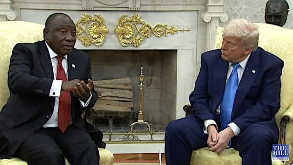 President Donald Trump talks with South African President Cyril Ramaphosa in the Oval Office on Wednesday, May 21, 2025 (Video screenshot)