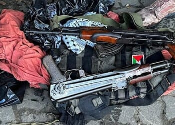 Weapons seized by Israel Defense Forces soldiers from a hospital in Khan Yunis in the Gaza Strip, Feb. 18, 2024. (IDF photo)