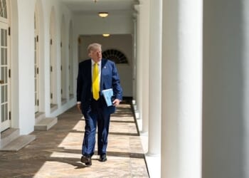President Donald Trump walks on the West Colonnade to the Oval Office, Monday, July 21, 2025. (Official White House photo by Molly Riley)