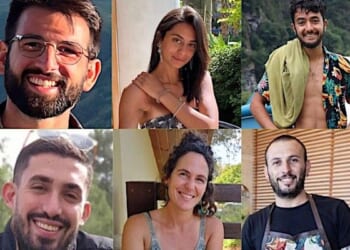 Clockwise from top left: Almog Sarusi, 25, Eden Yerushalmi, 24, Hersh Goldberg-Polin, 23, Ori Danino, 25, Carmel Gat, 40, and Alex Lubnov, 32. (Courtesy: Hostage and Missing Families Forum)