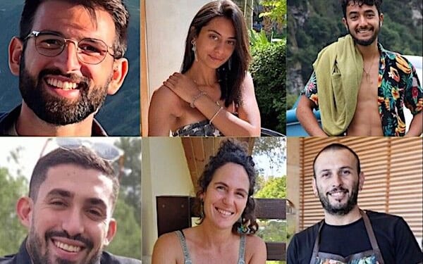 Clockwise from top left: Almog Sarusi, 25, Eden Yerushalmi, 24, Hersh Goldberg-Polin, 23, Ori Danino, 25, Carmel Gat, 40, and Alex Lubnov, 32. (Courtesy: Hostage and Missing Families Forum)